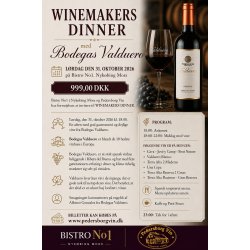 Winemakers Dinner med Bodegas Valduero, L�rdag den 31. oktober 2026 p� Bistro No1, Nyk�bing Mors