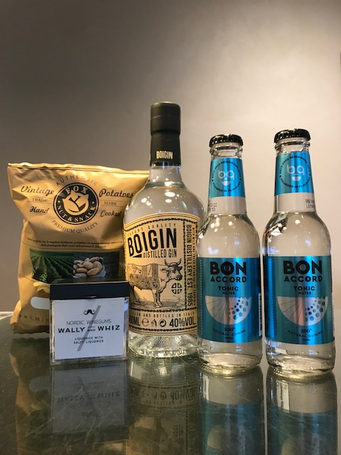 1 fl. Boigin, 2 fl. Bon Accord Tonic, luksus vingummi og chips