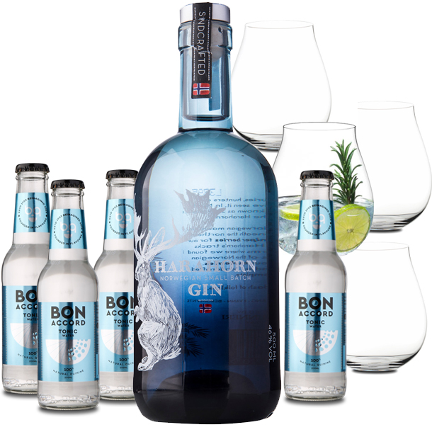 Harahorn Gin 46% med 4 fl. Tonic og 4 ginglas